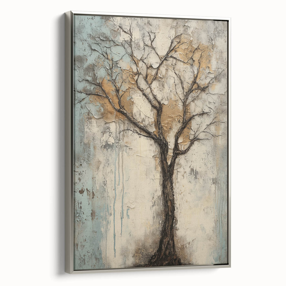 Framed canvas artwork showcasing vibrant abstract floral design with silver accents, elegantly displayed in a modern setting, perfect for home decor enhancement.