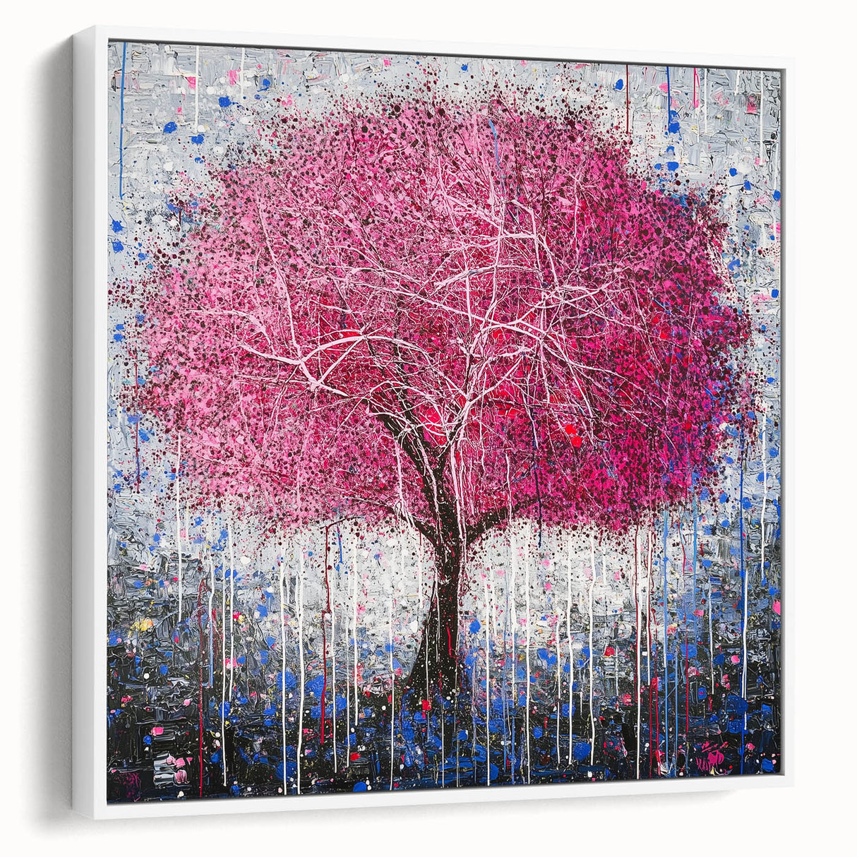 Framed canvas artwork displaying abstract floral design with vibrant colors, set against a white background, showcasing a modern aesthetic for home decor.