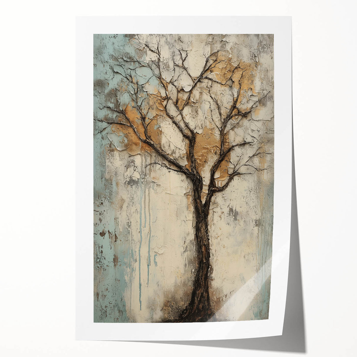 Vibrant abstract floral design rolled print showcasing intricate patterns in shades of blue, pink, and yellow, perfect for home decor or art display.