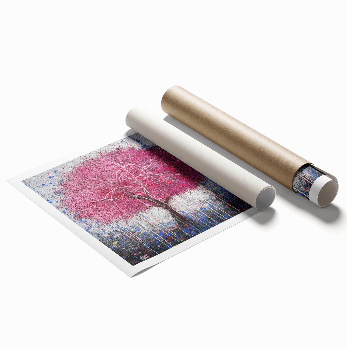 Abstract floral design rolled print showcasing vibrant colors and intricate patterns, elegantly packaged in a protective cardboard tube, perfect for home decor.