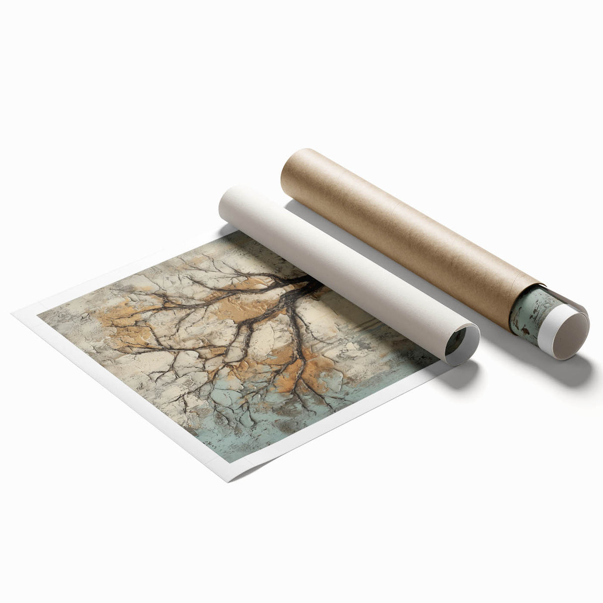 Abstract floral design rolled print featuring vibrant colors like blue, pink, and gold, beautifully packaged in a protective cardboard tube for easy display.