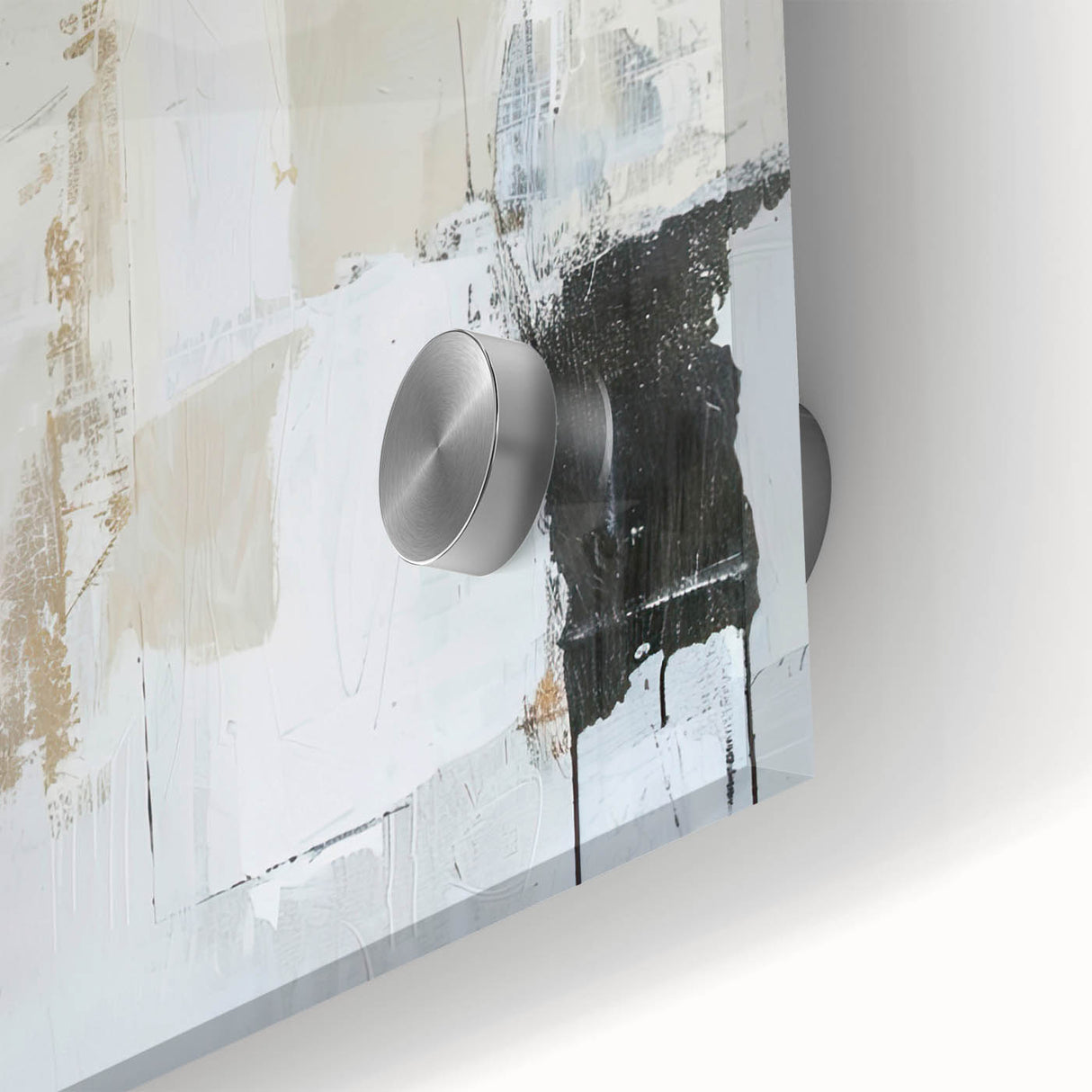 Close-up of abstract minimalist wall art design featuring vibrant colors and geometric shapes, printed on acrylic glass for modern decor aesthetic.