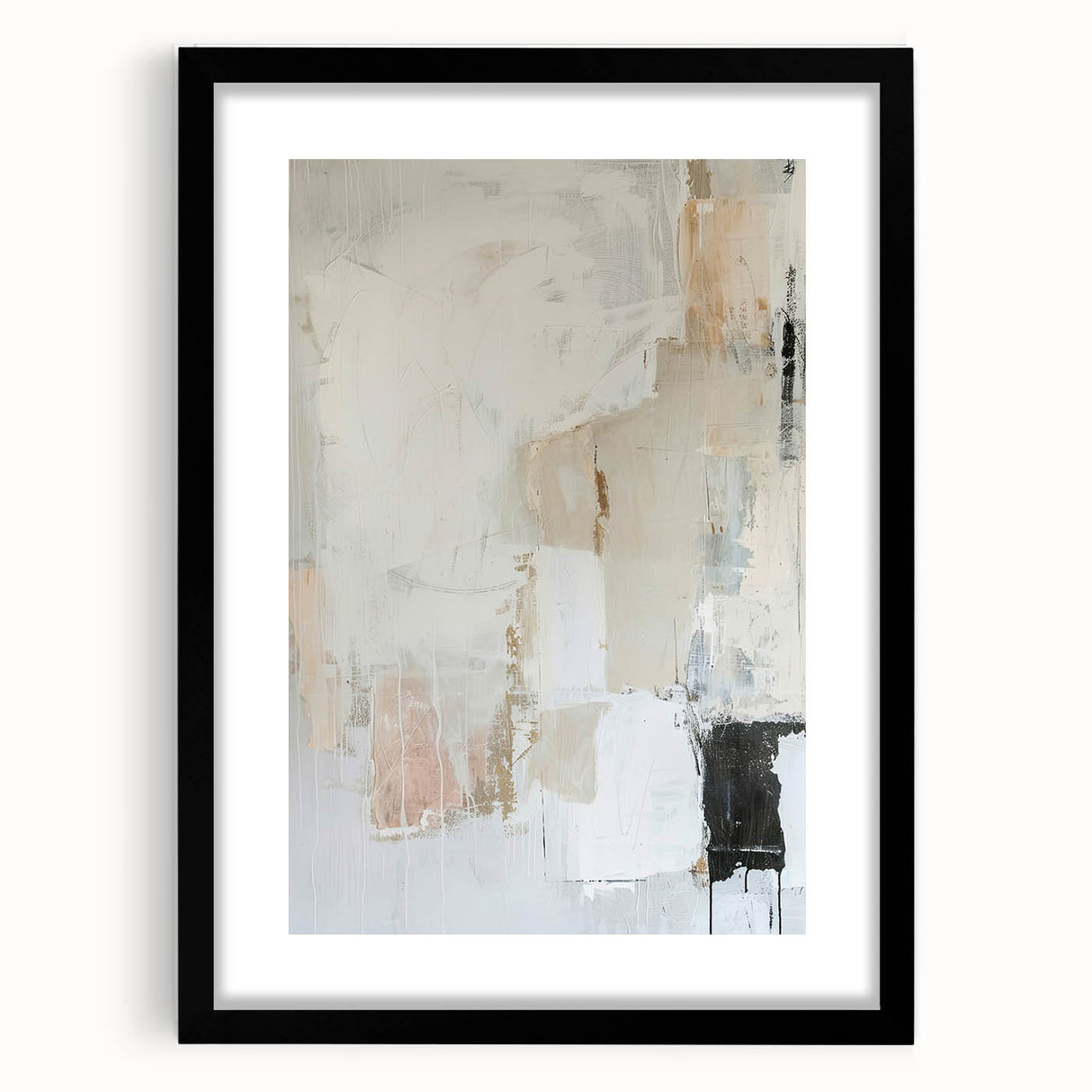 Abstract minimalist wall art framed in black with a mat, showcasing geometric shapes in muted tones. Ideal for modern decor, enhancing living spaces with elegance.