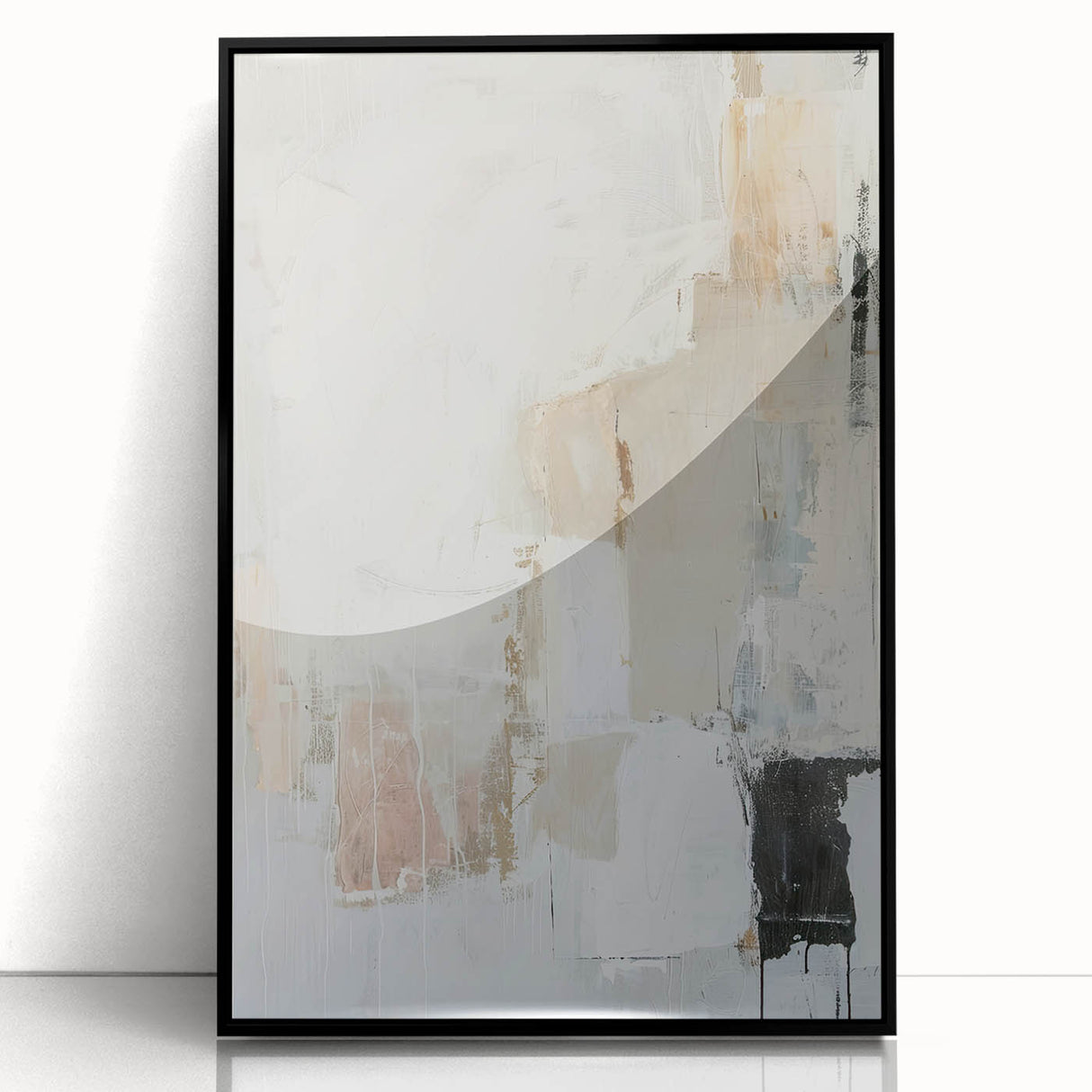 Framed abstract minimalist wall art featuring a sleek black design, presented from the front view, ideal for modern home decor and artistic expression. Perfect for enhancing contemporary interiors with its chic aesthetics and subtle elegance.