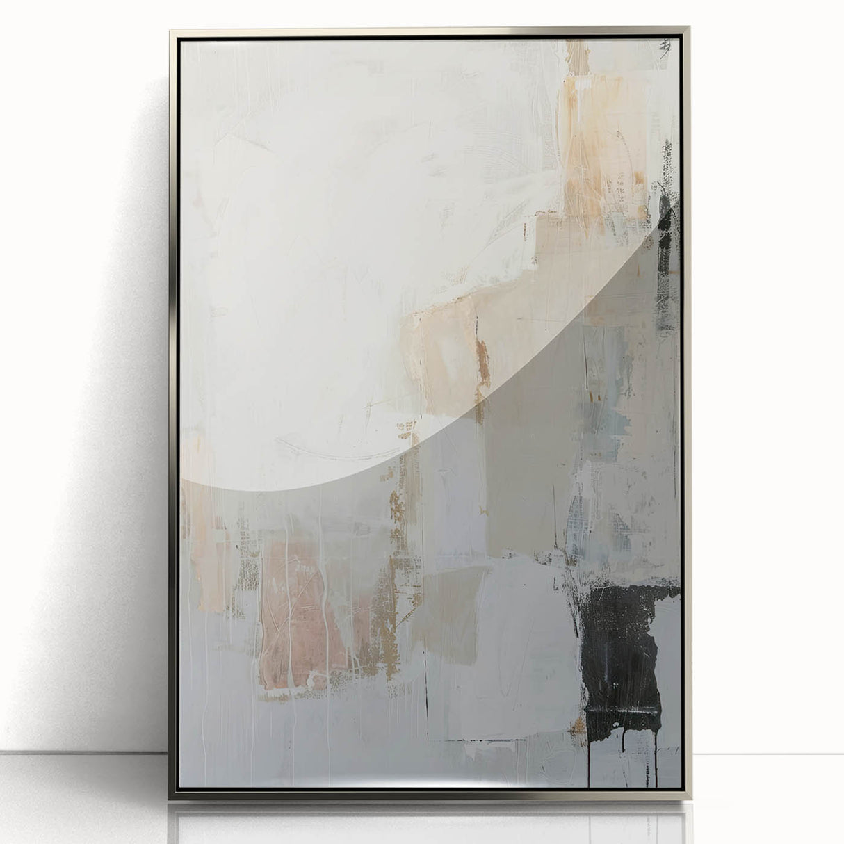 Framed abstract minimalist wall art featuring a silver acrylic front, set against a neutral background, perfect for modern home decor. Ideal for adding a touch of elegance to any room.
