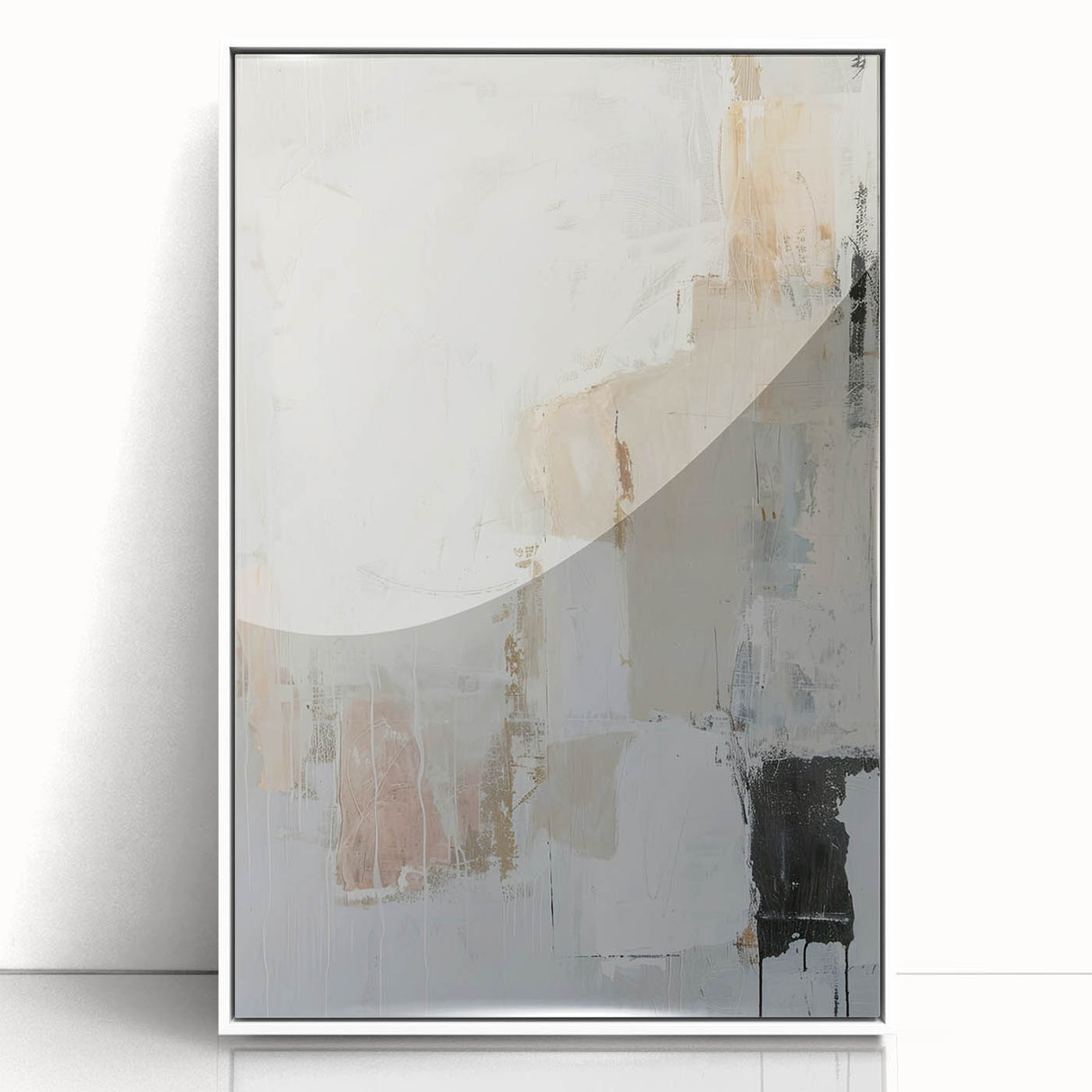 Abstract minimalist wall art featuring a framed acrylic design with a white background, showcasing geometric shapes and subtle color variations, perfect for modern decor.