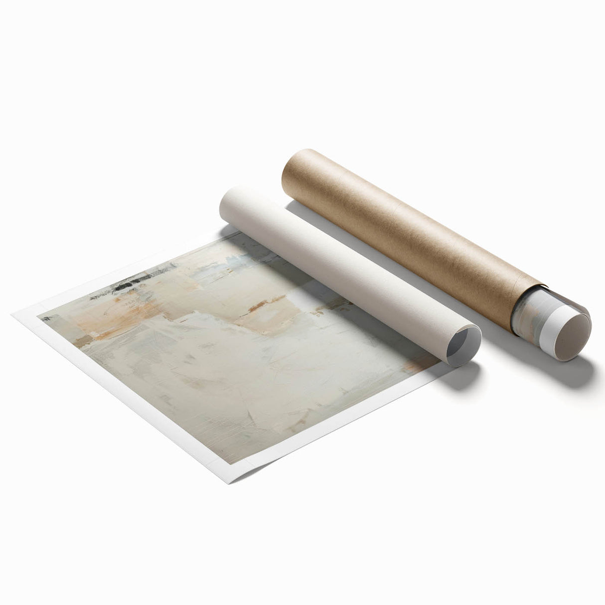 Abstract minimalist wall art print featuring soft pastel colors and geometric shapes, elegantly rolled and packaged in a protective cardboard tube. Perfect for modern decor.