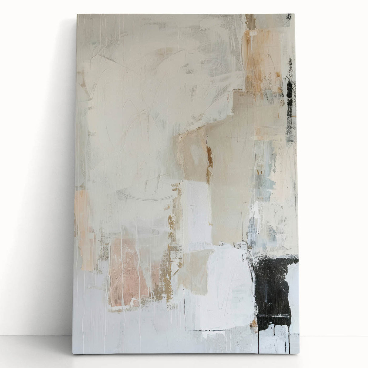 Abstract minimalist wall art on stretched canvas, featuring soft earth tones and geometric shapes, leaning against a neutral wall, perfect for modern decor.