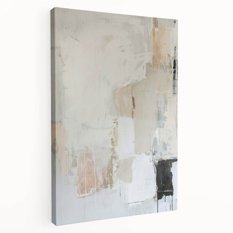 Abstract minimalist wall art on stretched canvas showcasing soft pastel colors and geometric shapes, viewed from the side, ideal for modern interior decor.