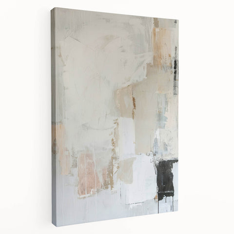 Abstract minimalist wall art on stretched canvas showcasing soft pastel colors and geometric shapes, viewed from the side, ideal for modern interior decor.