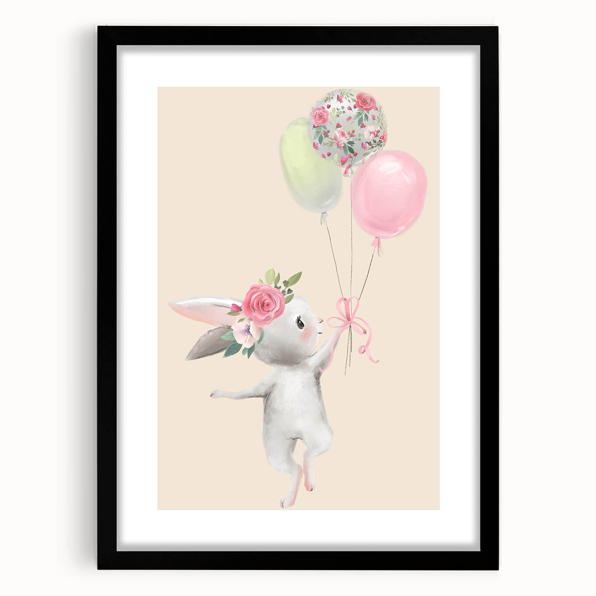 Floral Bunny Balloon Girls Room Wall Art – Kids Room Art Print