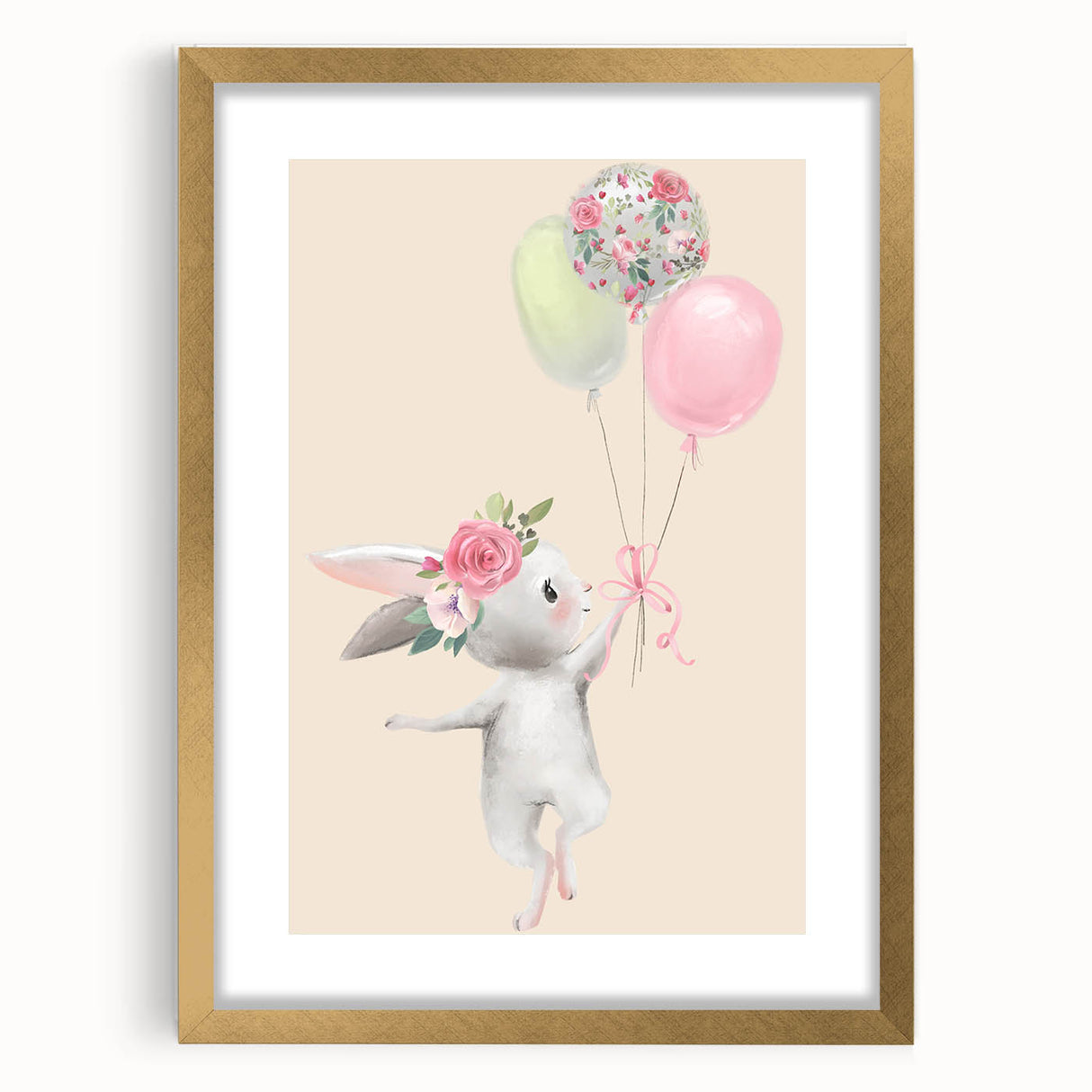 Floral Bunny Balloon Girls Room Wall Art – Kids Room Art Print