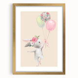 Floral Bunny Balloon Girls Room Wall Art – Kids Room Art Print