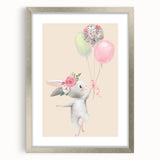 Floral Bunny Balloon Girls Room Wall Art – Kids Room Art Print