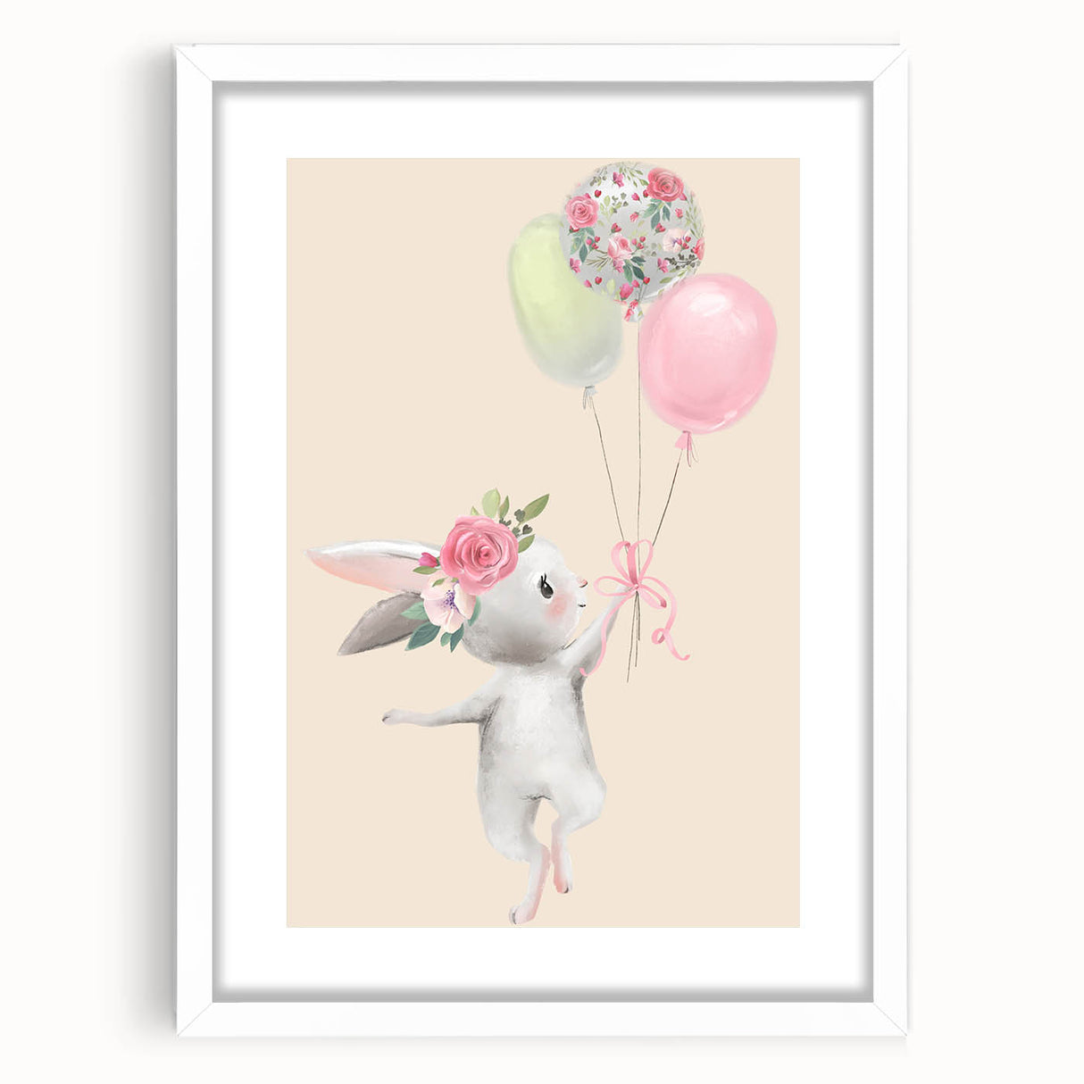 Floral Bunny Balloon Girls Room Wall Art – Kids Room Art Print