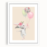 Floral Bunny Balloon Girls Room Wall Art – Kids Room Art Print