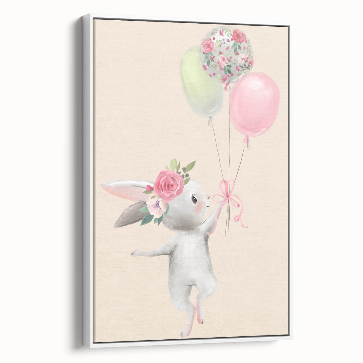 Floral Bunny Balloon Girls Room Wall Art – Kids Room Art Print