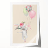 Floral Bunny Balloon Girls Room Wall Art – Kids Room Art Print