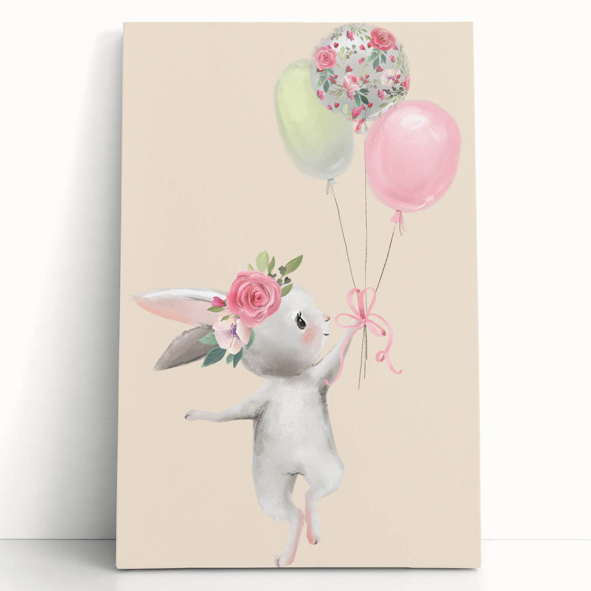 Floral Bunny Balloon Girls Room Wall Art – Kids Room Art Print
