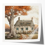 Art deco poster featuring an autumnal forest scene in warm orange and yellow tones on glossy photo paper.