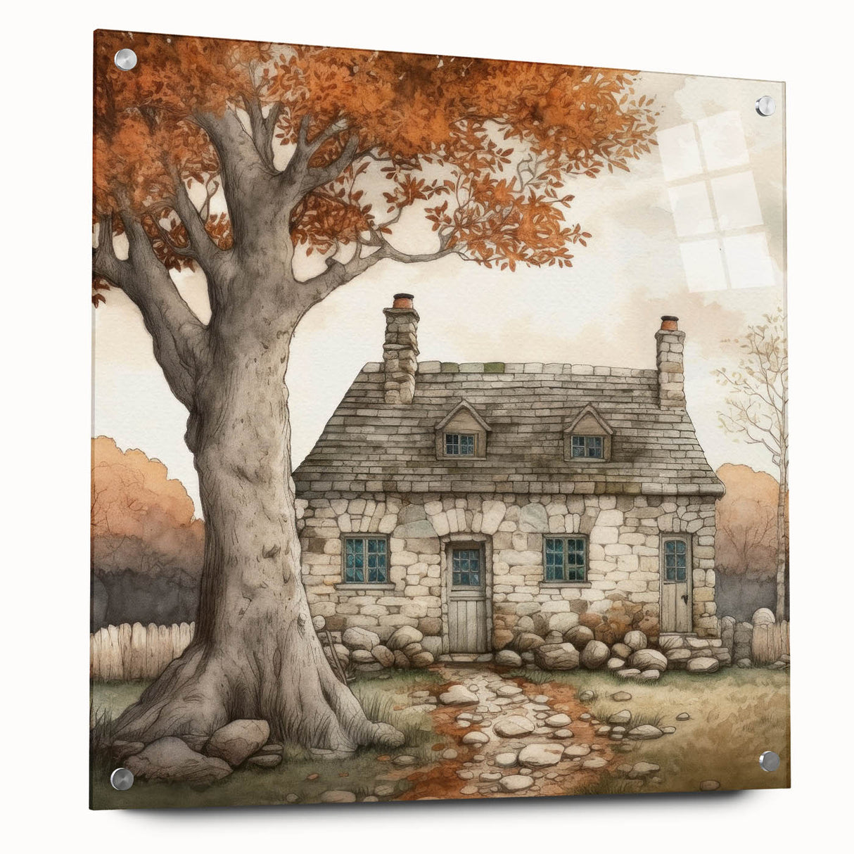 Large abstract wall art depicting fall seasons in orange and brown tones on acrylic glass.