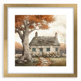 Extra large abstract art print with textured fall-themed design in gold frame, ideal for living room decor.