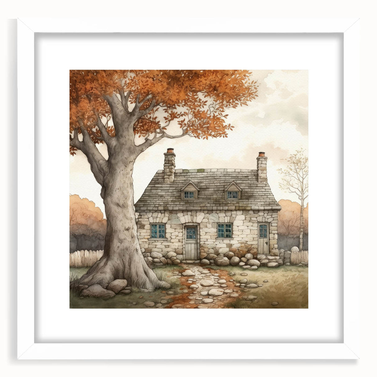 Abstract art print featuring swirling autumnal tones on a white framed canvas, suitable for dining room or bedroom decor.