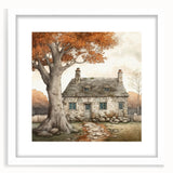 Abstract art print featuring swirling autumnal tones on a white framed canvas, suitable for dining room or bedroom decor.