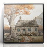 Large abstract wall art featuring mid-century modernist autumnal hues on a framed acrylic black front view.