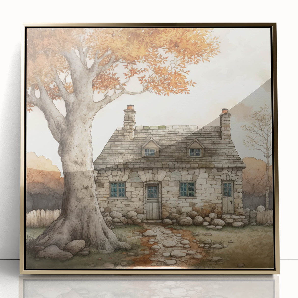 Large art print of a mid-century modernist autumn scene in gold and brown tones, acrylic framed.