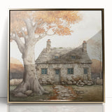 Large art print of a mid-century modernist autumn scene in gold and brown tones, acrylic framed.