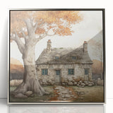 Mid-century modernist art depicting autumn leaves in orange and brown on a silver-framed acrylic print.