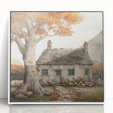 Art deco poster of autumn trees in vibrant orange and red tones, framed acrylic, ideal for nursery wall art.