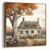 Framed canvas featuring a vintage-style landscape painting of an autumnal scene with trees in shades of silver and gold.