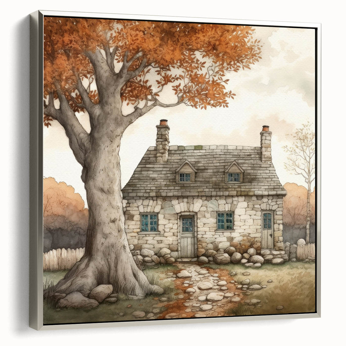 Framed canvas landscape art depicting a colorful autumn scene, suitable for enhancing a living room or office space.