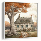 Vintage poster art featuring a fall landscape on framed canvas, with colorful foliage, ideal for living room decor.