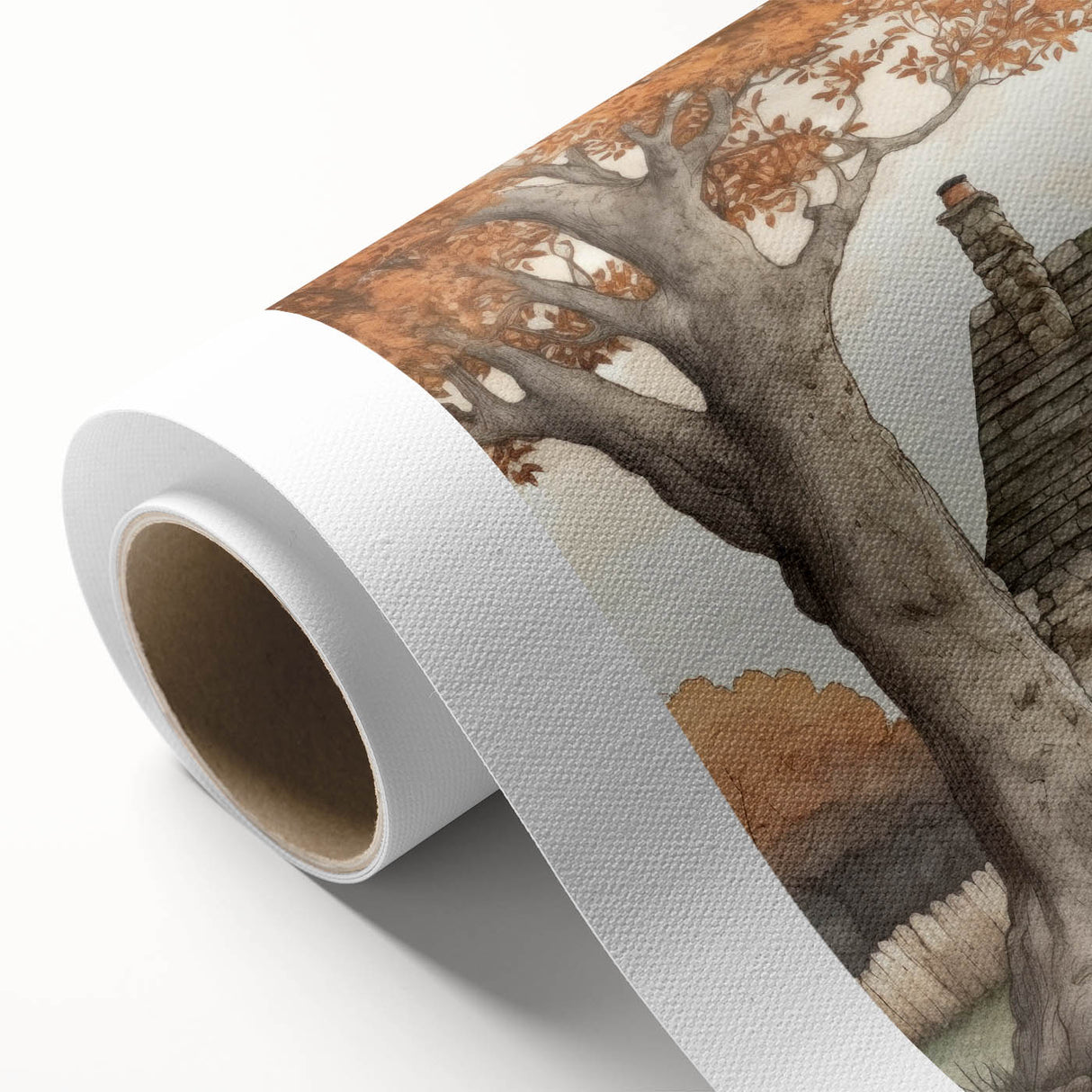 Art deco poster featuring autumnal forest scene in warm orange tones, rolled canvas, ideal for nursery wall art.
