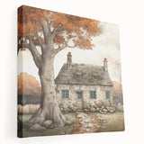 Large abstract depiction of fall foliage on stretched canvas, using warm orange and red tones, suitable for kitchen wall art.