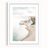 Abstract art print depicting summer season in vivid blue and green tones on a white framed canvas.