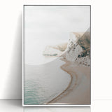 Art deco poster featuring a summer beach scene in pastel shades, framed in white acrylic, ideal for nursery wall art.