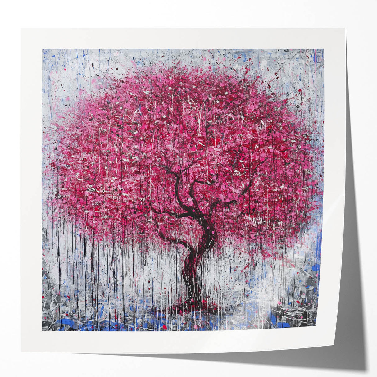 Vibrant abstract floral art print in glossy finish, showcasing a colorful design with intricate details, perfect for modern home decor or office settings.