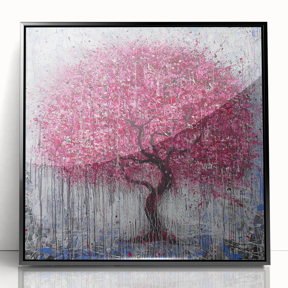 Abstract floral artwork in a sleek black frame, showcasing vibrant colors and intricate patterns, perfect for modern home decor or office settings.