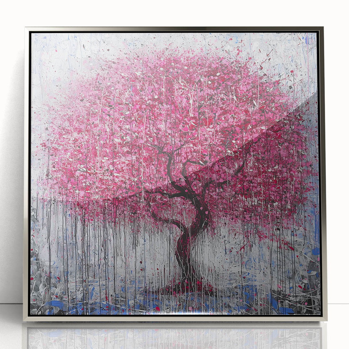 Framed acrylic artwork showcasing abstract floral designs in vibrant colors, featuring silver accents and a modern aesthetic suitable for contemporary decor.