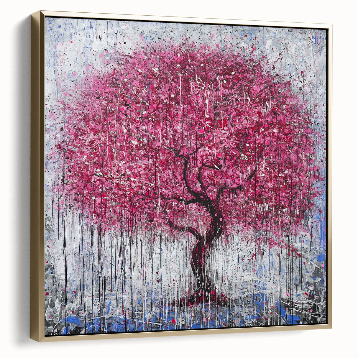 Framed canvas artwork showcasing an abstract floral design in silver and gold hues, elegantly displayed against a neutral background, perfect for modern decor.