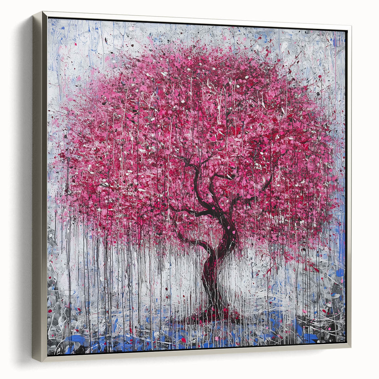 Framed canvas artwork showcasing abstract floral designs in vibrant colors with a sleek silver frame, perfect for modern home decor and enhancing interior aesthetics.