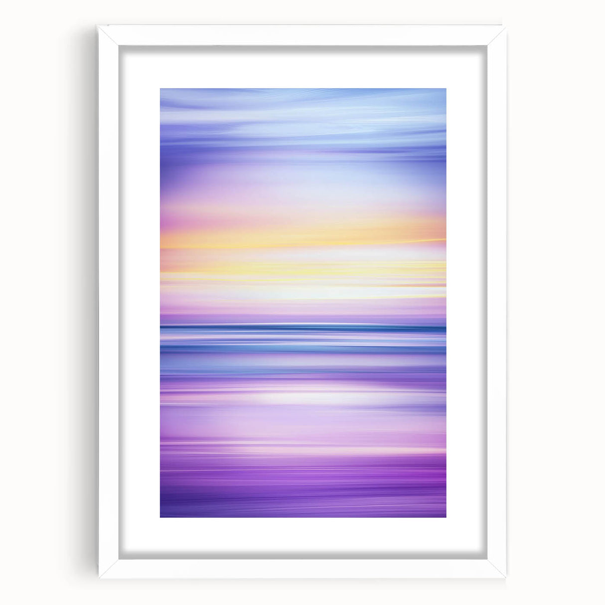 Abstract landscape artwork framed in a sleek white mat, showcasing vibrant colors and dynamic shapes, perfect for modern home decor.