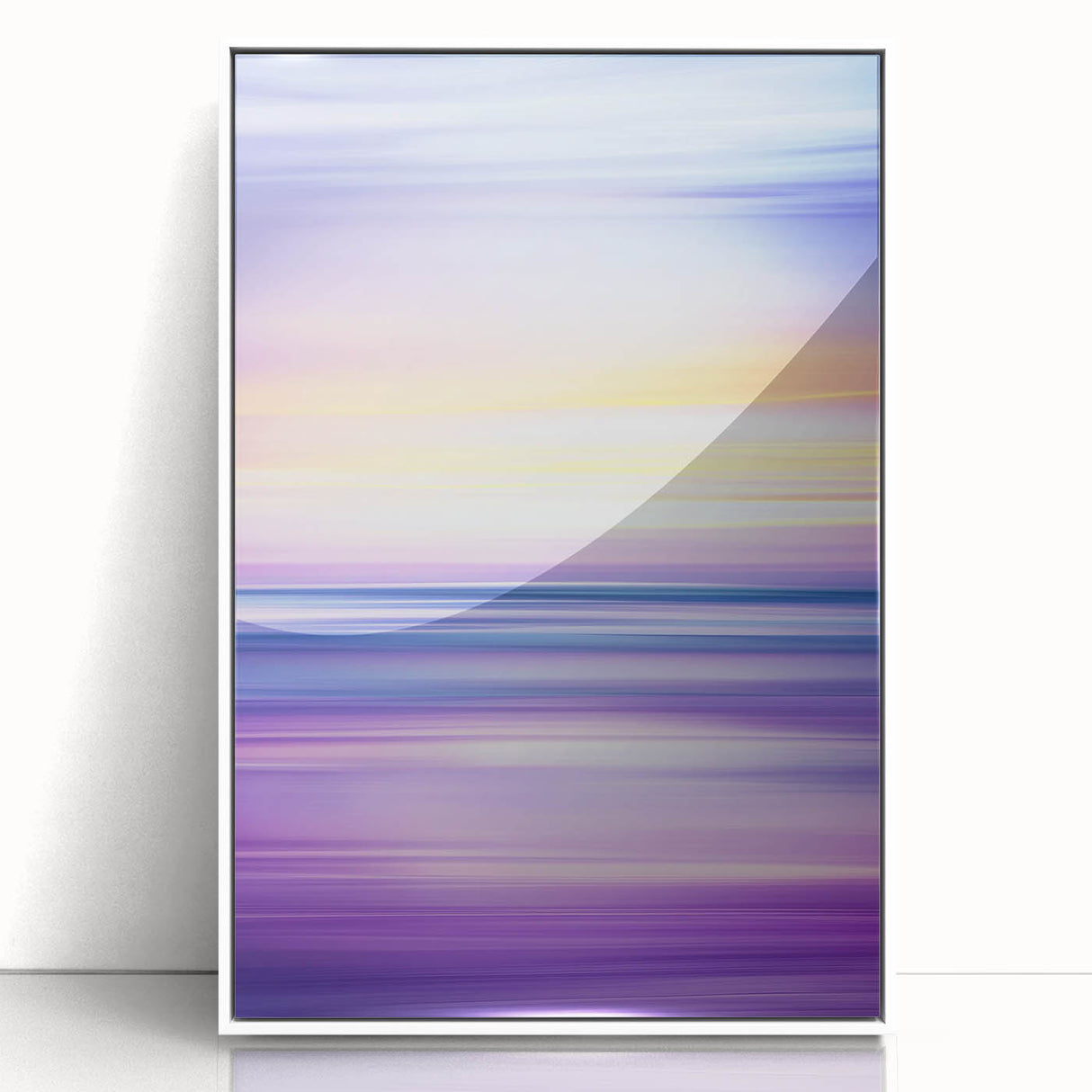 Framed acrylic artwork showcasing an abstract landscape in soothing shades of blue and green, set against a sleek white frame, perfect for modern decor.