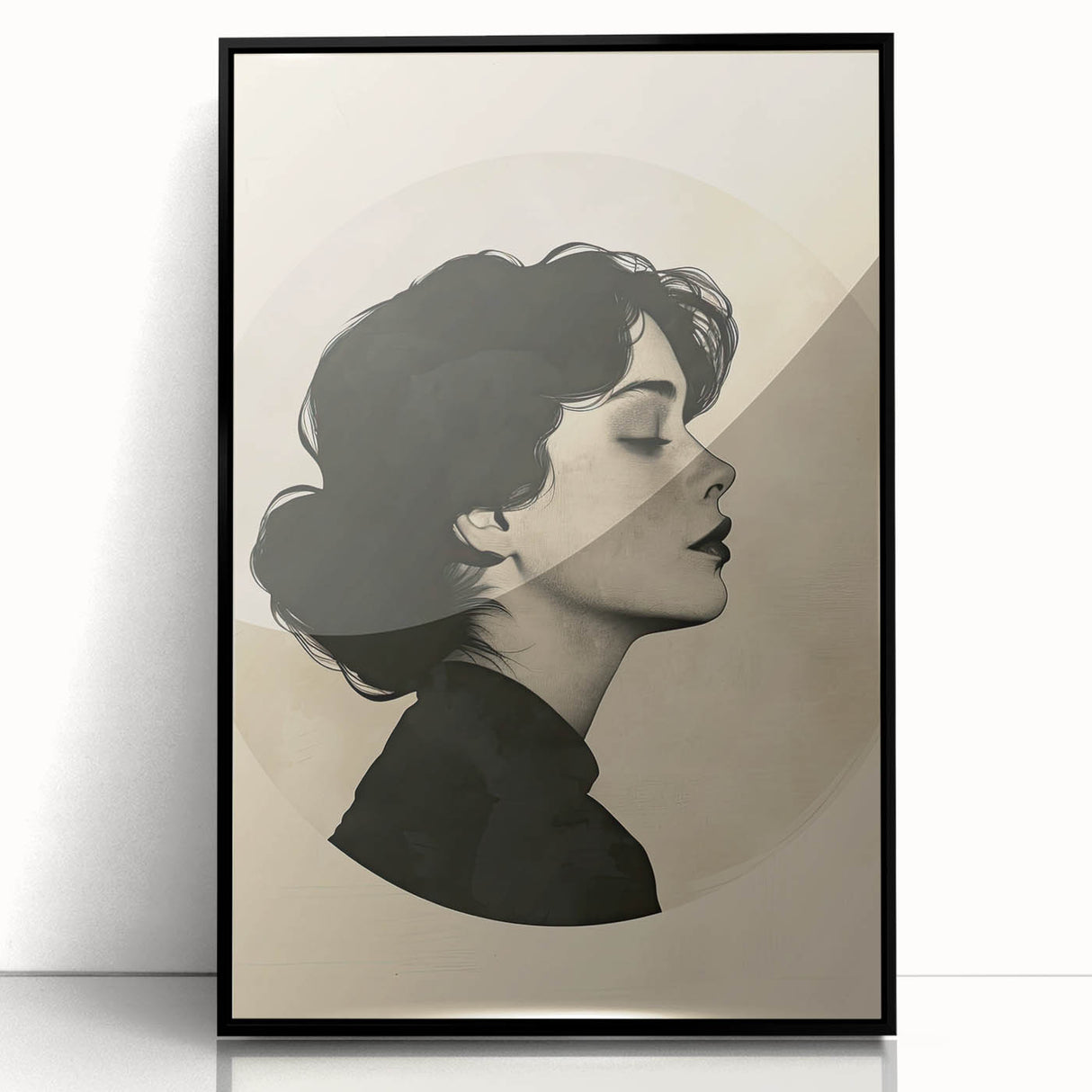 Framed abstract minimalist wall art featuring a sleek black design, displayed from a front view, ideal for modern decor and artistic interiors.