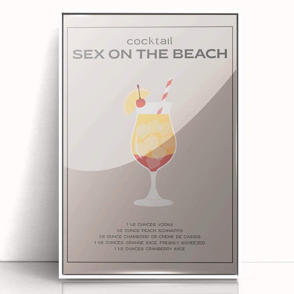 Art deco poster featuring a stylized cocktail glass in vibrant neon colors, acrylic print framed in white.