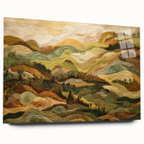 Large abstract wall art depicting autumn trees in orange and red hues on acrylic glass.